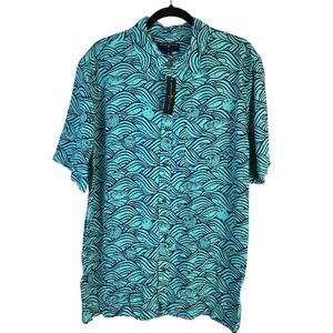 Margaritaville Mens Shirt Large Blue Wave Fish Tropical Button Down Short Sleeve